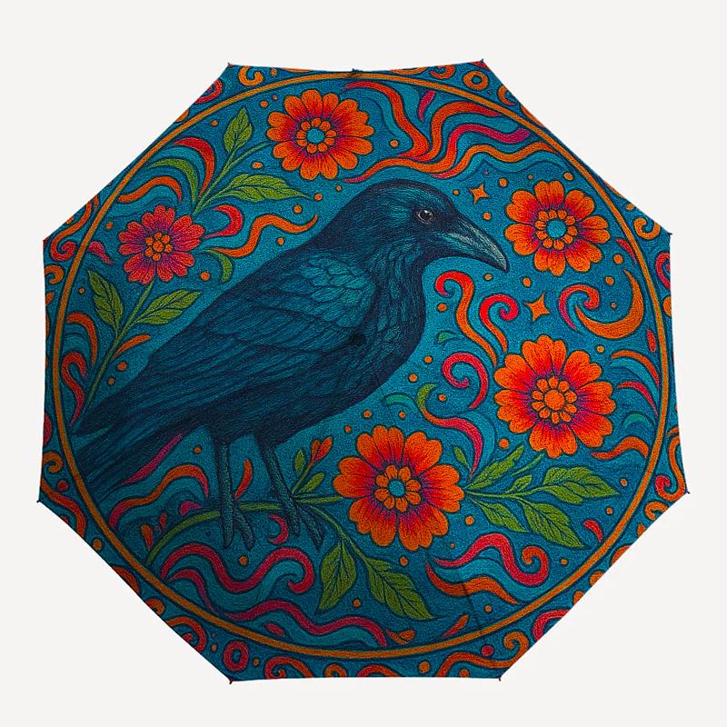 Colorful Floral Raven Art Print: Vibrant Nature DesignUmbrella, Portable 3-Fold Compact Umbrella for Men & Women Gift