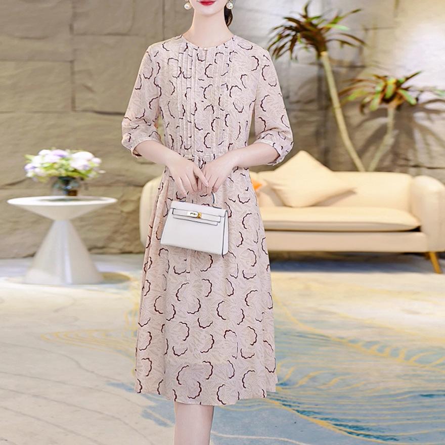 Double Crepe Silk Dress Women's Summer New Age-reducing Round Neck Tie Slim Mulberry Silk A-shaped Skirt