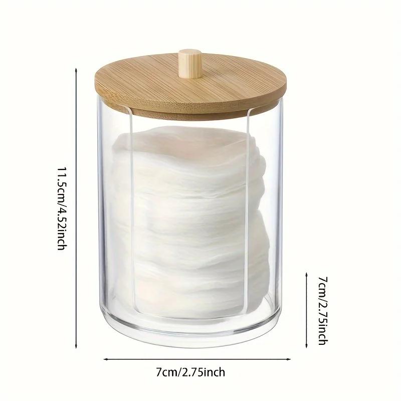 1pc Bamboo-covered Cotton Swab Box, Acrylic Round Storage Cup, Transparent Cotton Pad Box