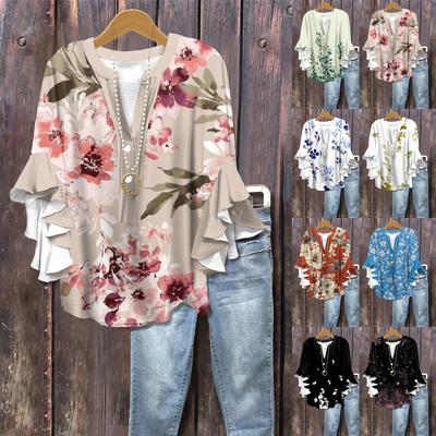 Sommer Damen Oberteile V-Ausschnitt Siebenarmshirt Frühling Sommer Floral bedruckte Oberteile Freizeitshirt