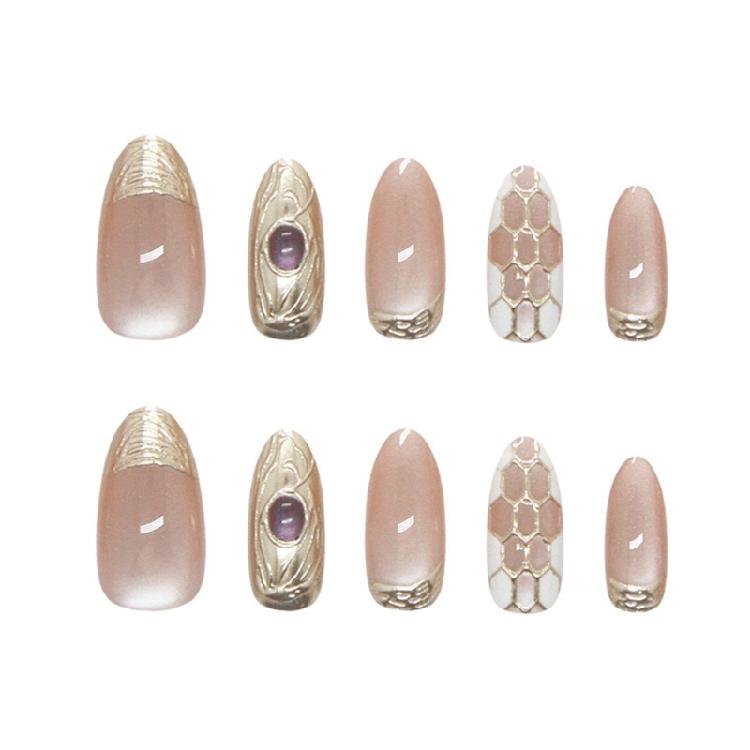 30Pcs Cats Eye Press on Nail Almond Glues on Nail French Fake Nail Designs False Nail Artificial Nail for Women Girls