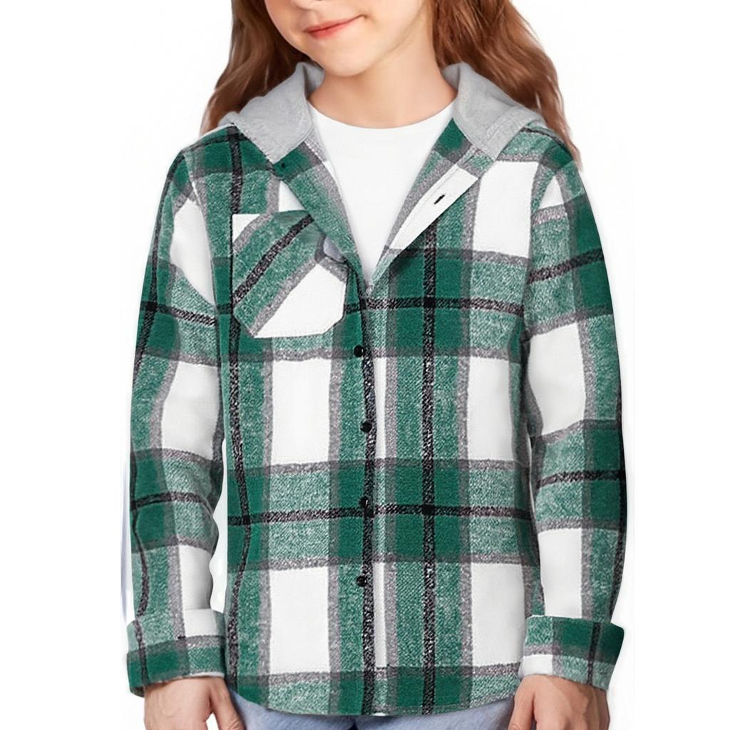 Children's Fashion Hooded Plaid All-match Casual Loose Shirt Long Sleeve Jacket