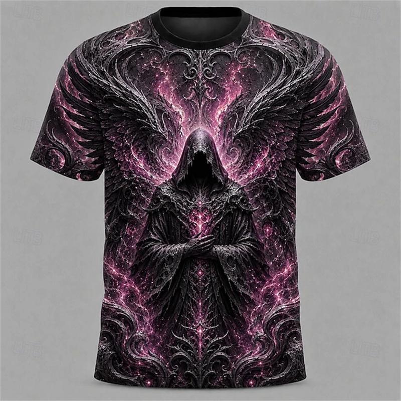 New Men's Halloween Crew-Neck Short-Sleeve T-Shirt Grim Reaper Scythe and Skeleton Print Crew-Neck Short-Sleeve Men's Top