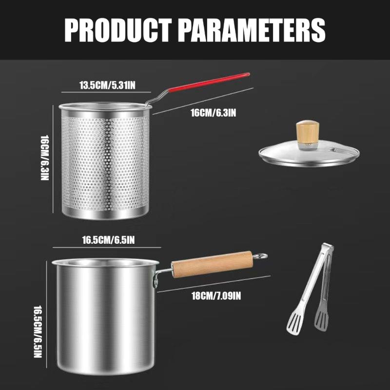Perforated Insert Cooking Vessel with Metal Body, Glass Cover and Food Handling Tool for Raising Ready Items from Oil During Daily Meal Preparation