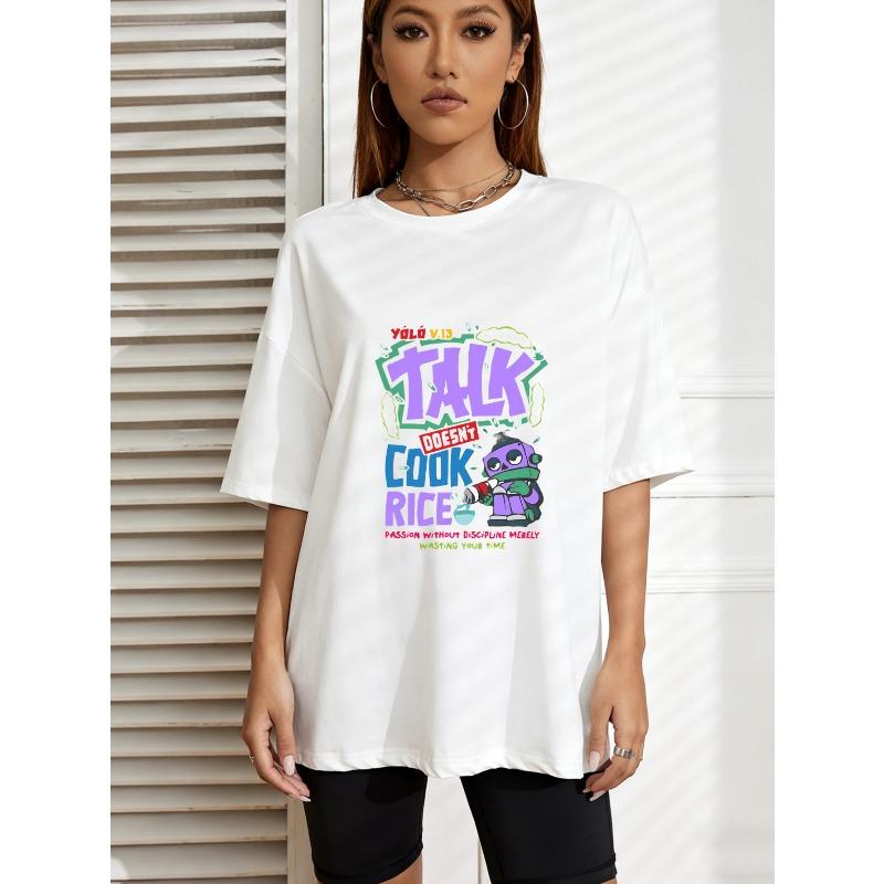 

Белая футболка с графикой «Разговоры не готовят рис» и принтом мультяшного персонажа для повседневной носки и уличного стиля XXXXL белый