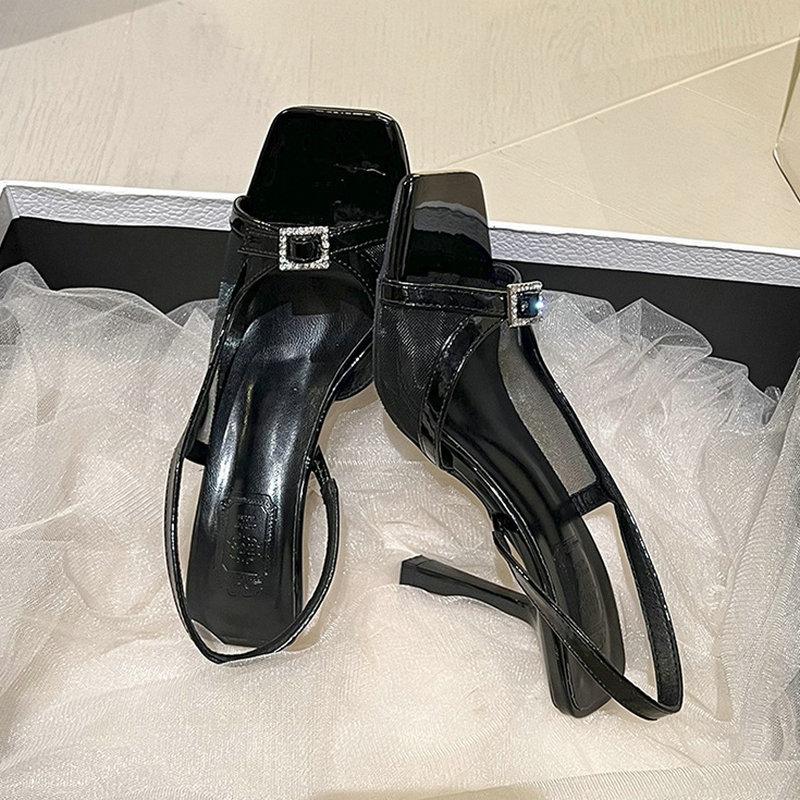 Fashion 2025 Summer New Retro Square Toe Square Buckle Open-Toe Sandals For Women With A One-Strap French Kitten High Heels