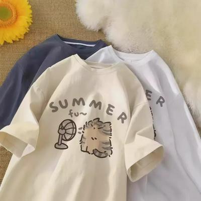Women's Kitten Print Hong Kong Style Summer Half-Sleeve Loose Fit T-Shirt