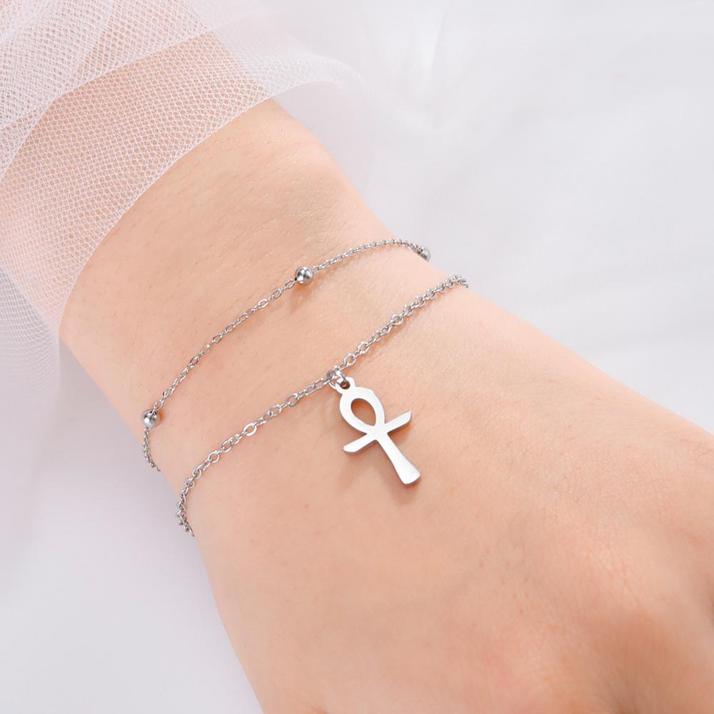 Dawapara Ankh Cross Ankle Bracelet Religious Egyptian Key of Life Cross Bracelet for Men Women Stainless Steel Jewelry
