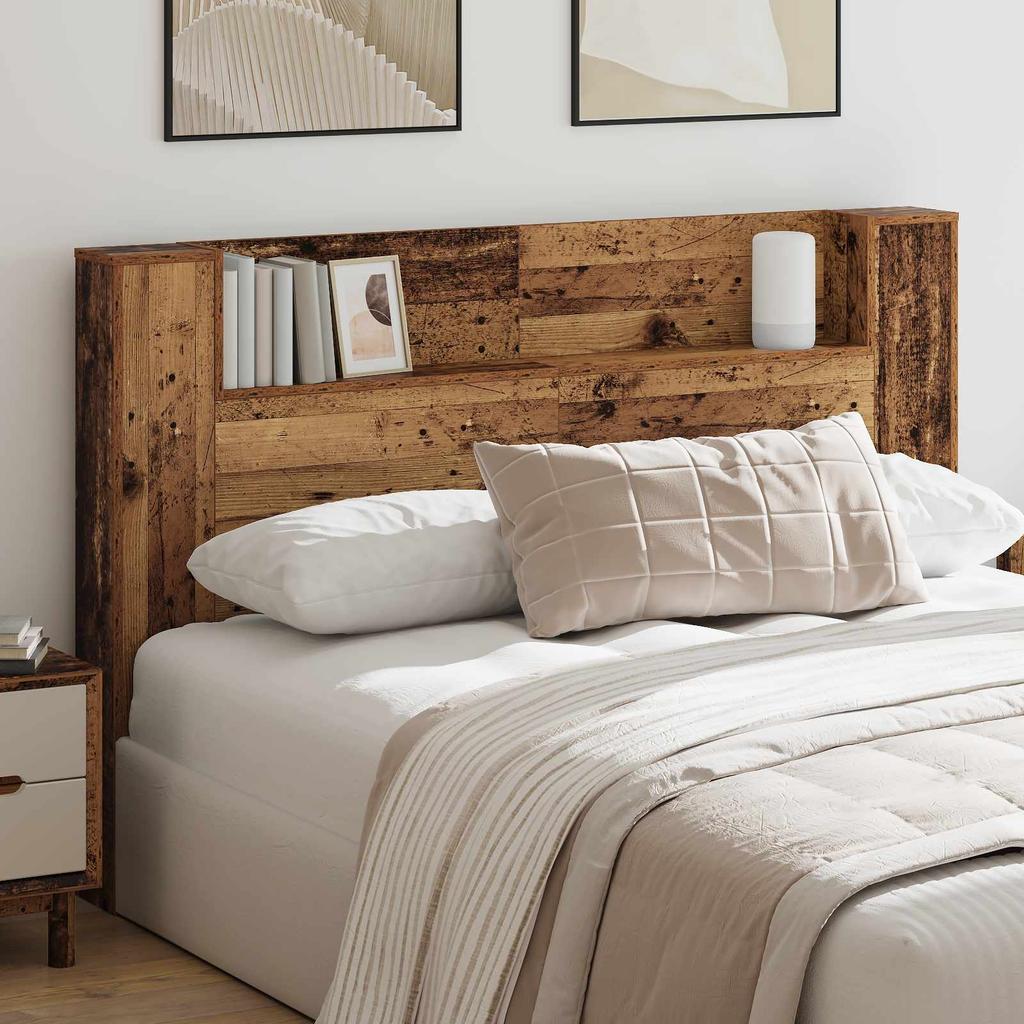 Storage Headboard with LED Reclaimed Wood Look 160 cm Engineered Wood