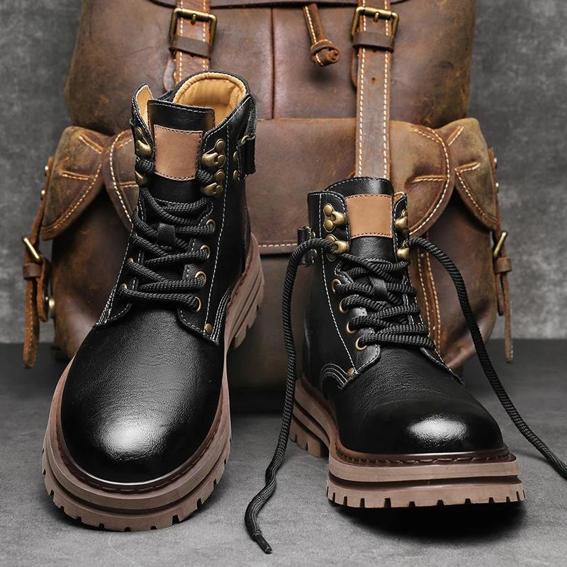 Fashion Classic Autumn Winter Warm Snow Boots Mens Thick Soles Non-slip Biker Boots Outdoor High Top Casual Shoes Handmade Leather Botas