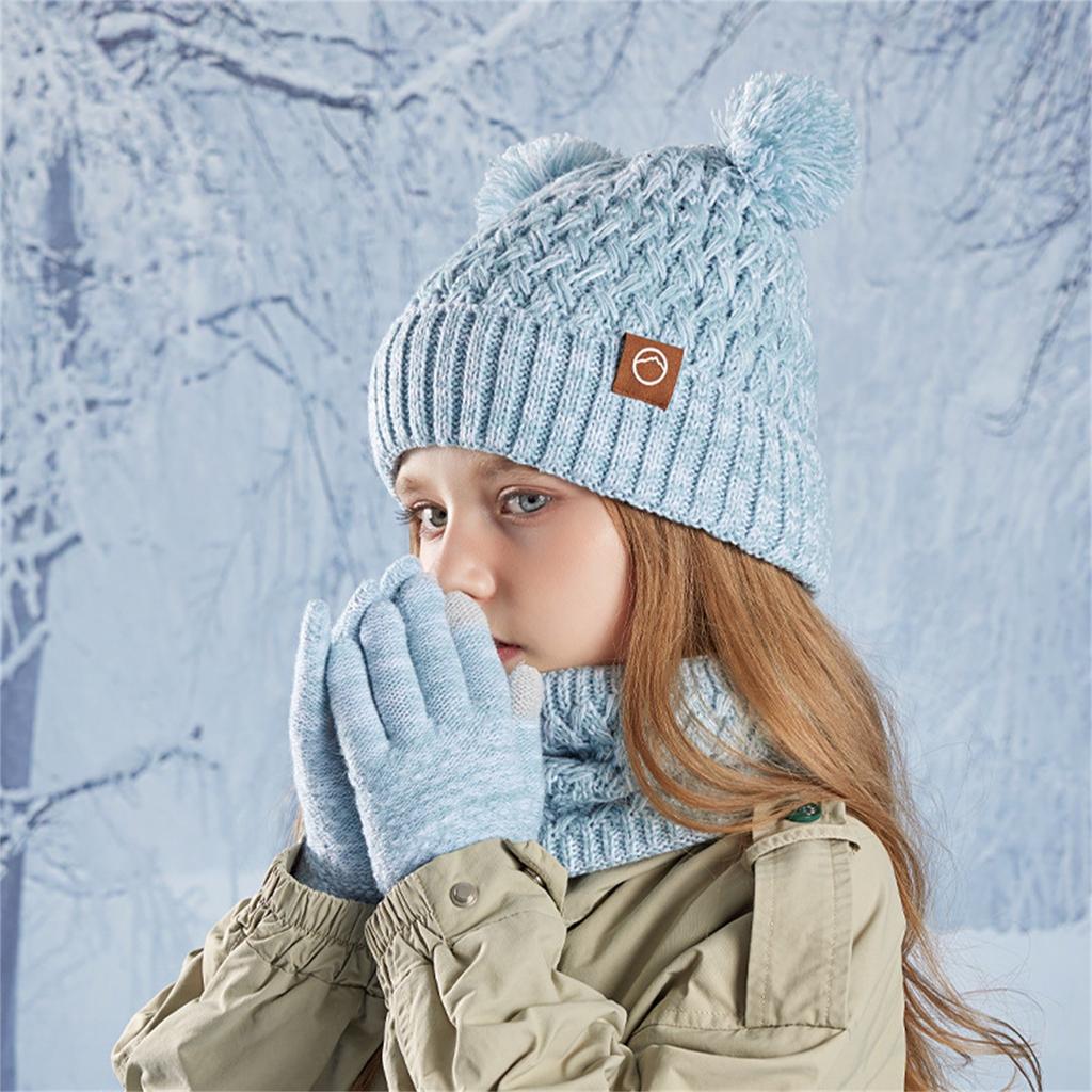 Kids Winter Hat Gloves Scarf Set, Girls Boys Pompom Hats Gloves Knit Set With Thick Fleece Lined For 4-10 Children
