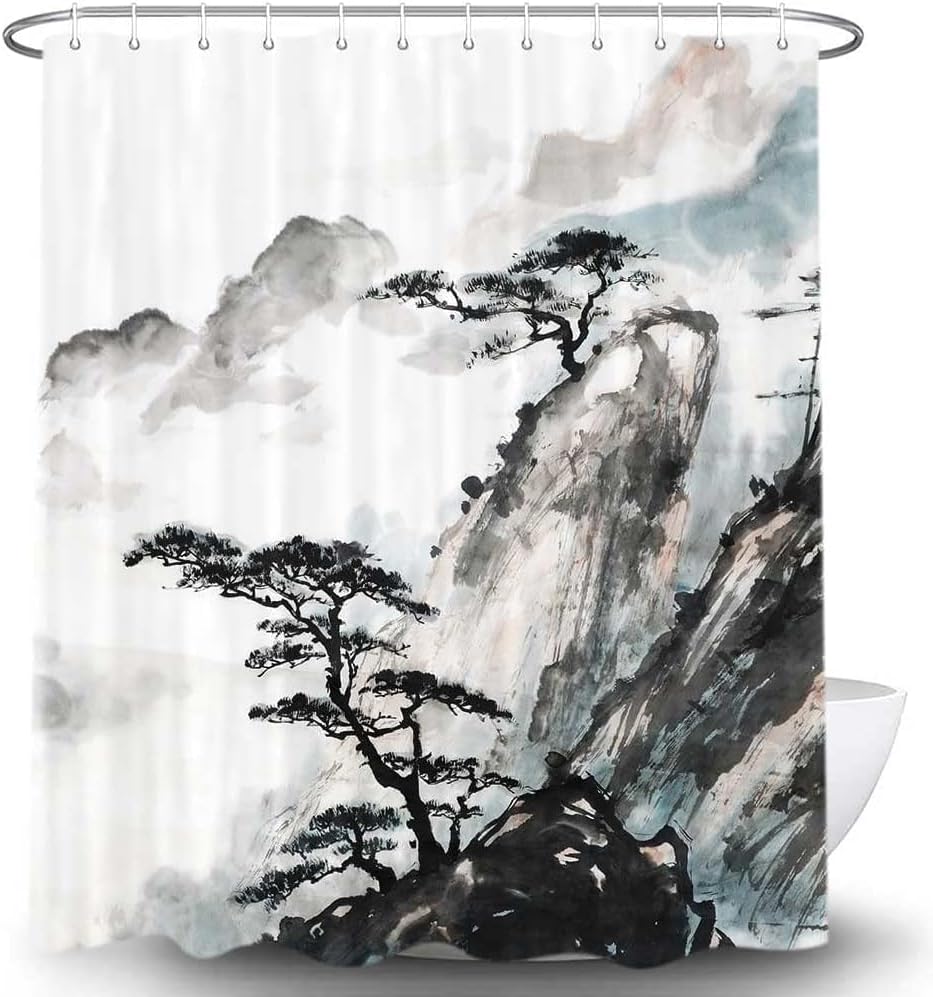 Asian Scenic Shower Curtain Sets, Chinese Japanese Landscape Black Mountain and Pine Tree Ink Painting Bathroom Curtain