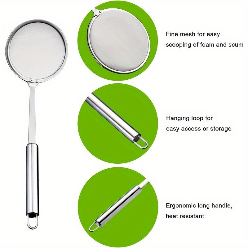 Long-handle Stainless Steel Filter Spoon, Fine Mesh for Skimming Grease and Foam. Practical Essential Kitchen Tool for Cooking.