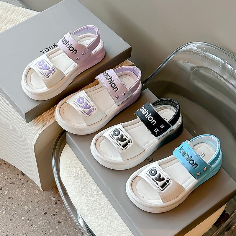 Girls Summer Sandals Children Beach Shoes Soft Sole Non-slip Kids Casual Sandals Simple Hook & Loop Breathable 2024 New