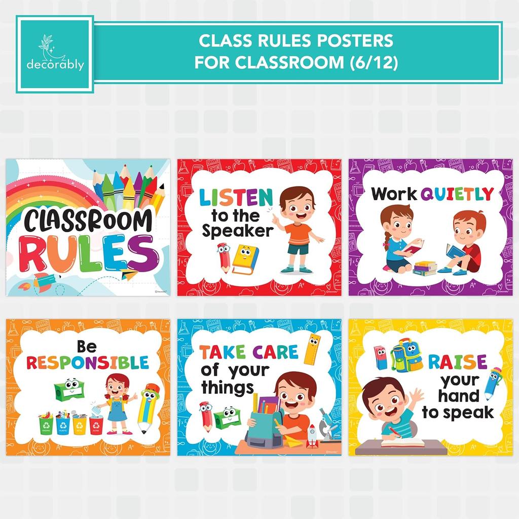 Decorably 12 Hanging Colorful Classroom Rules Poster Set with Accompanying Ribbon, 12x10in Matte-Laminated pirational Classroom Rules Elementary