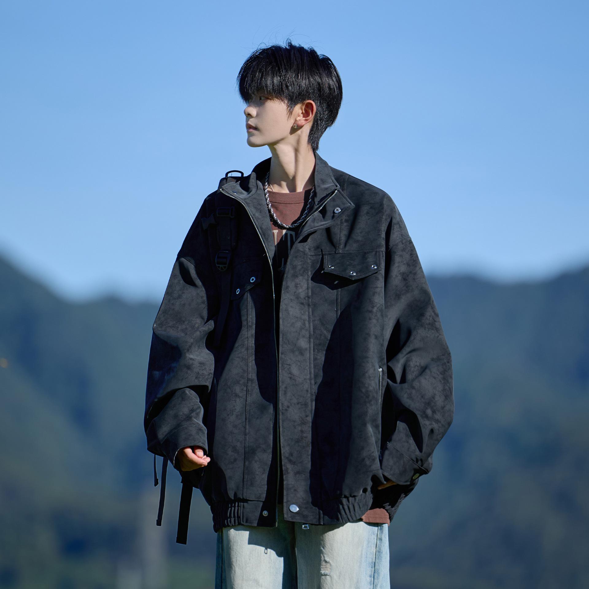 

Men s American Tie-Dye PU Leather Lapel Jacket, Spring/Autumn Trendy Workwear Style L чорний колір сірий