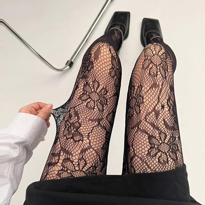 Damen Florale Spitze Strumpfhosen Sommer Netz Sexy Ausgeschnitten Dünn Und Atmungsaktiv Retro Punk Y2K Strumpfhosen Individuelle Fishnet Strümpfe