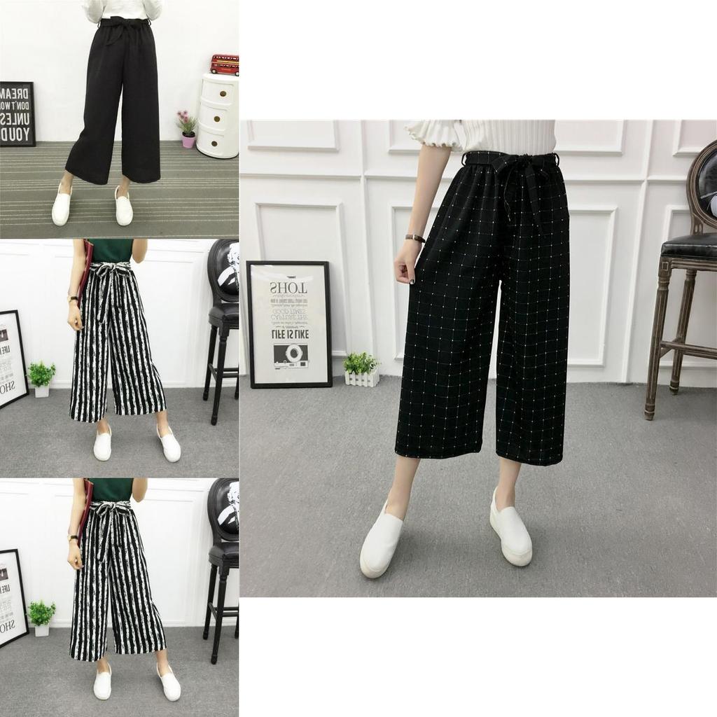 Wide Korean Women Leg High Waist Loose Baggy Casual Striped Crop Trousers Pants
