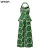 VONDA Two Piece Suit Women Sleeveless Floral Print Halter Tops and Long Pants Casual Sets