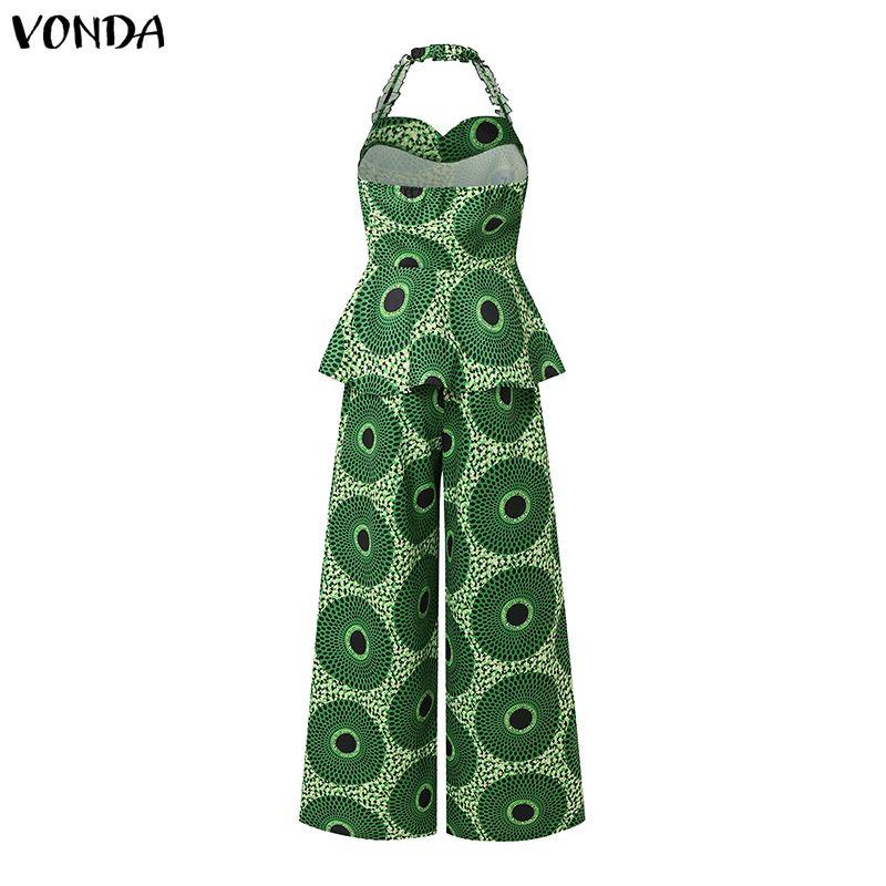 VONDA Two Piece Suit Women Sleeveless Floral Print Halter Tops and Long Pants Casual Sets
