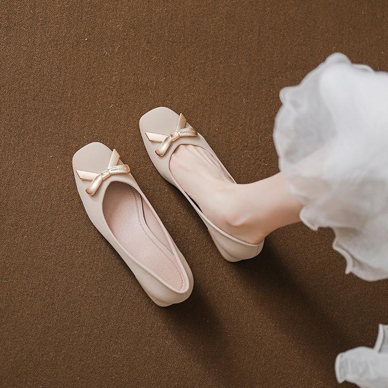 French Retro Bow Single Shoes Square Head Thick Heel Light Mouth Versatile Women's Shoes Are Not Tired To Wear for a Long Time