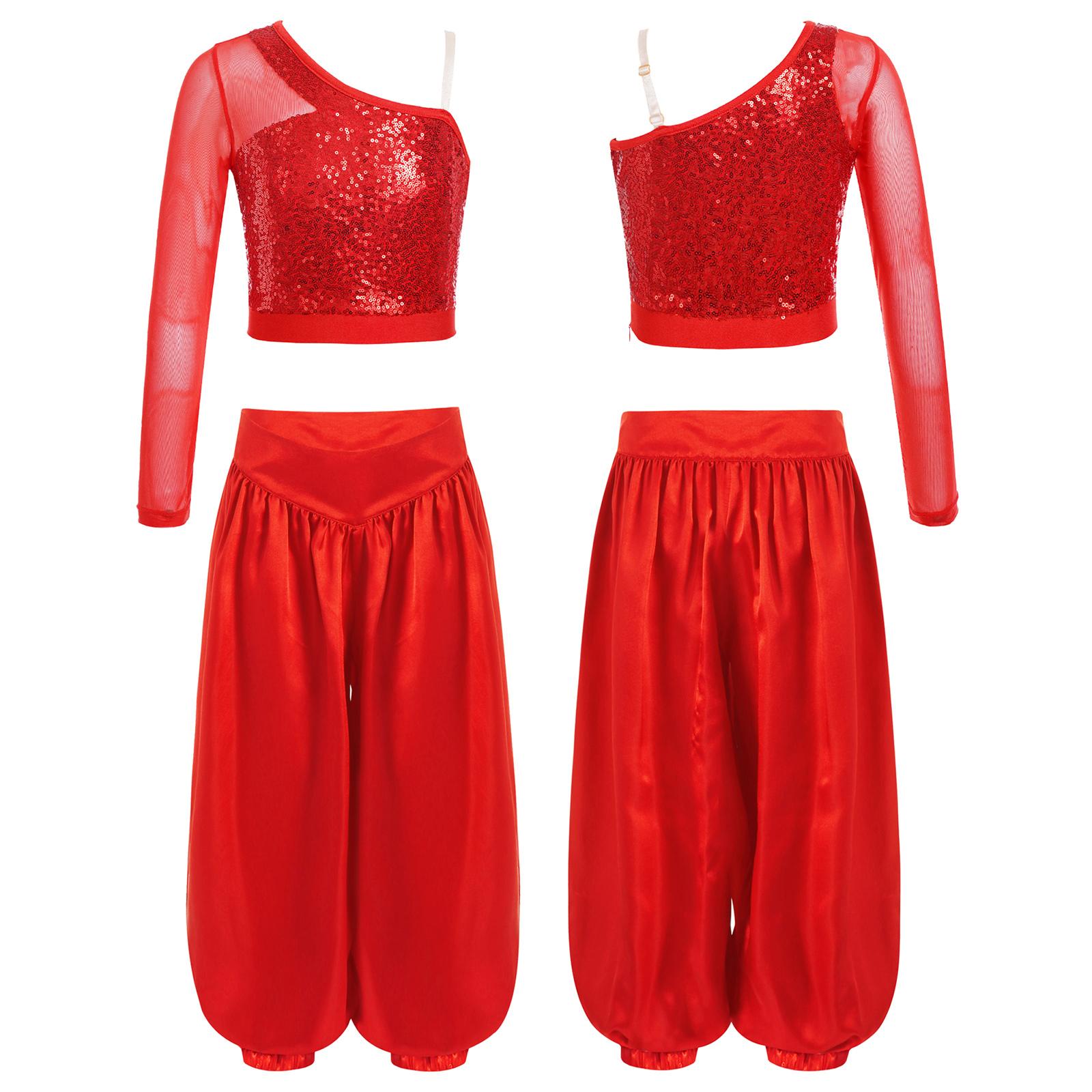 

Набор для выступлений по восточным танцам для девочек: Прозрачный сетчатый кроп-топ с длинным рукавом на одно плечо, украшенный пайетками, и широкие атласные штаны-шаровары с боковой молнией 5-6 Years красный