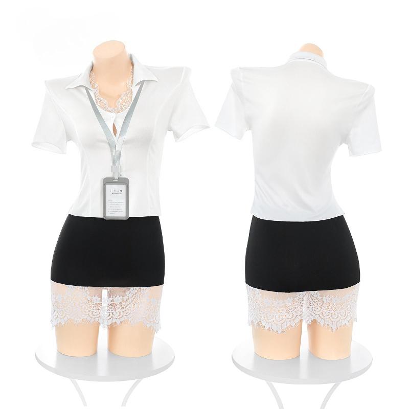 Women Secretary Cosplay Sexy Uniform Temptation Costumes Ultra-thin Shirt Lace Wrap Hip Miniskirt Set Roleplay Teacher Lingerie