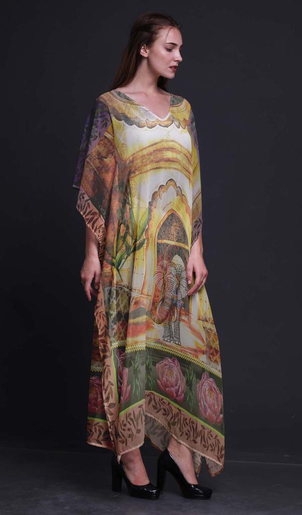 Phagun Elephant Mughal Ladies Kaftan Holiday Loungewear Maxi Dress Beach