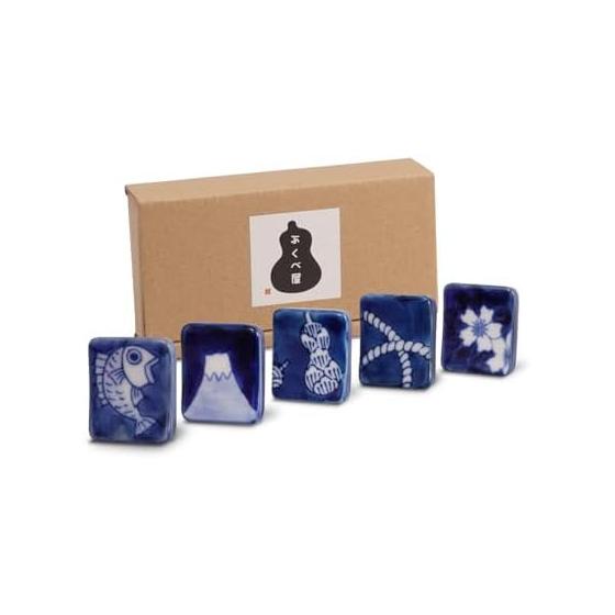 Arita Ware Chopstick Rests, Set of 5 Lucky Charms: Sea Bream, Knot, Cherry Blossom, Gourd, Mt. Fuji, Made in Japan