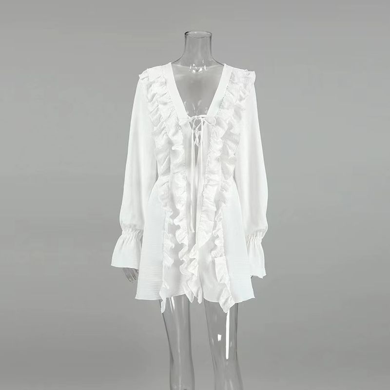 

New French style Crepe Material Fashion V-neck Lace-up Frill Dress Lotus Leaf Lace up Dress White S