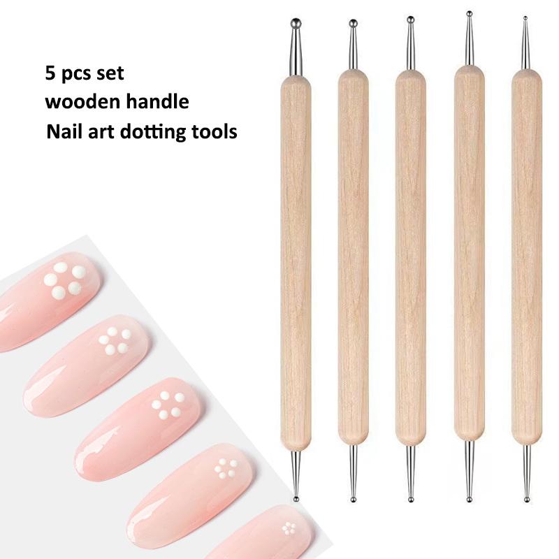 5Pcs/Pack Double-headed Nail Art Dotting Pen Set,Spot Diamond/Flower/Sequins/Polka Dot Wooden Handle DIY Manicure Dotting Tools