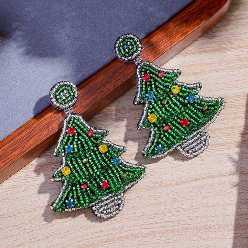 

Xmas Merry Christmas Earrings Green Christmas Tree Stud Earrings Handmade Beaded Ear Drop Holiday