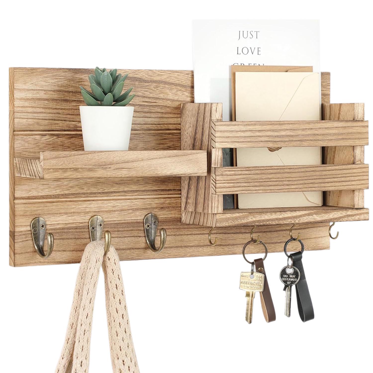 Многоцелевая деревянная настенная полка с крючками - Декоративный ретро держатель для ключей для прихожей или гостиной Heavy Burn Color 1770₽