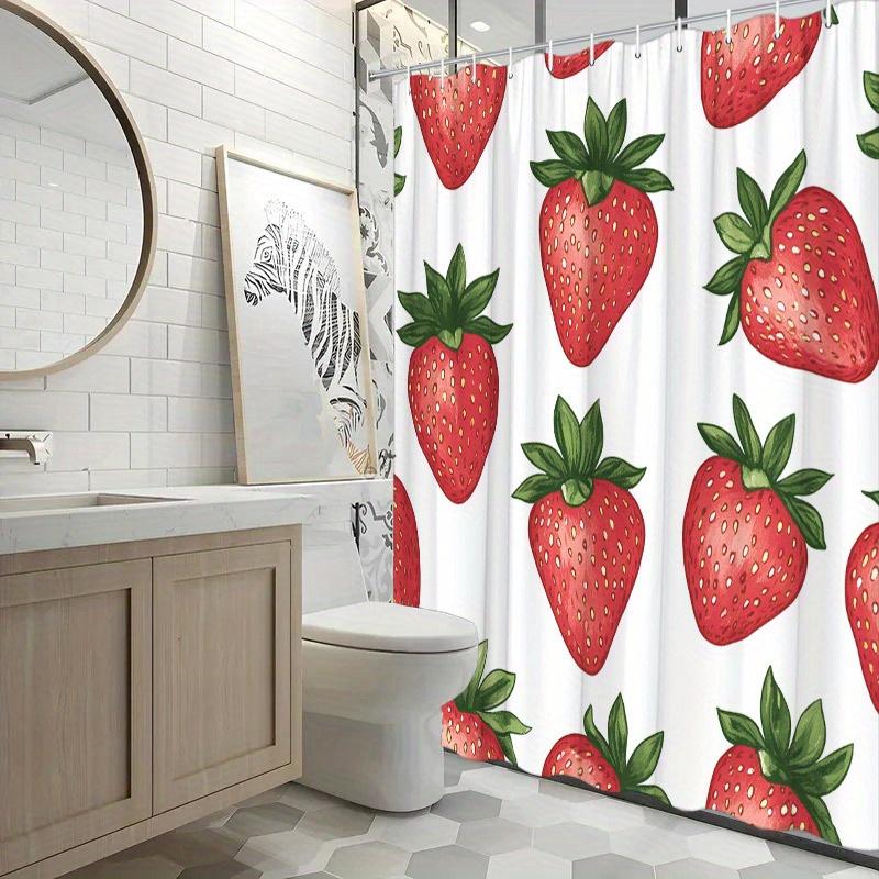 1 Bright Red Strawberry And Green Leaves Shower Curtain - Washable Polyester With Hooks, Playful Fruit Pattern For Bathroom