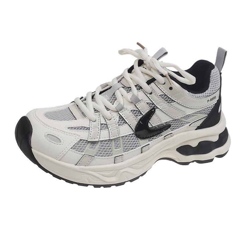 

2025 new leather mesh platform dad shoes women s old retro color matching versatile round head lace-up casual sports shoes 40 белый