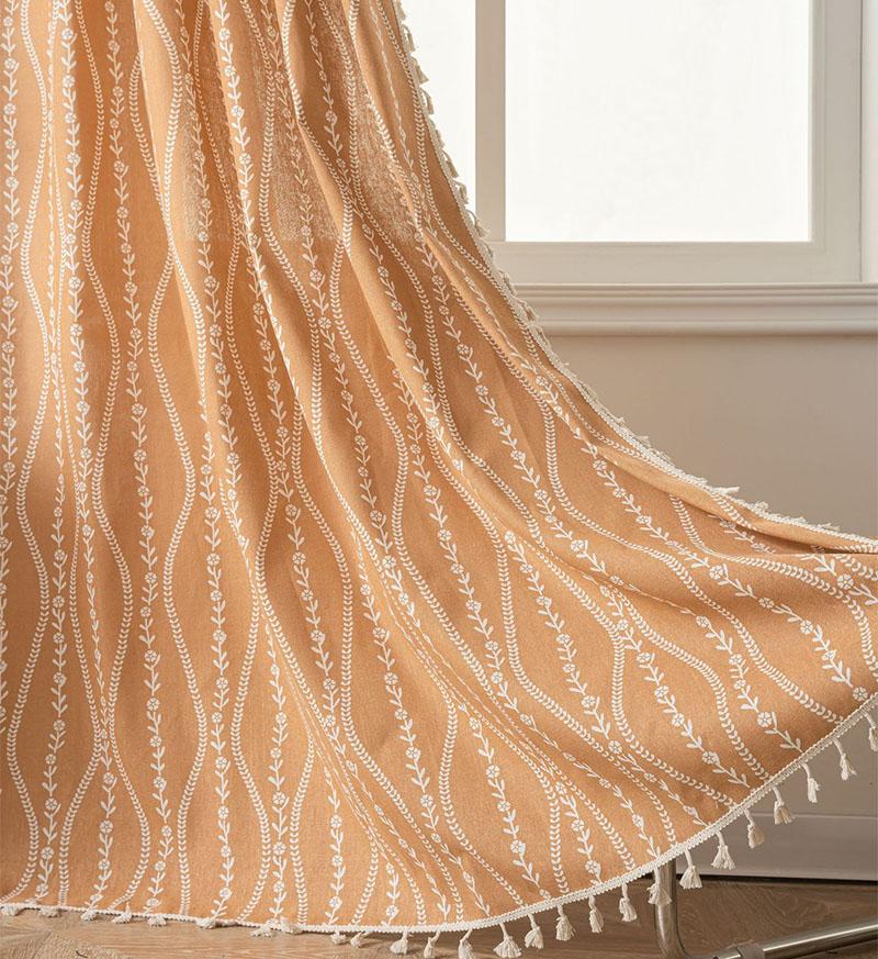 Boho Curtain for Living Room,Cotton Linen Semi Sheer Vintage Farmhouse Printed Floral Curtain For Kitchen Living Room Bedroom