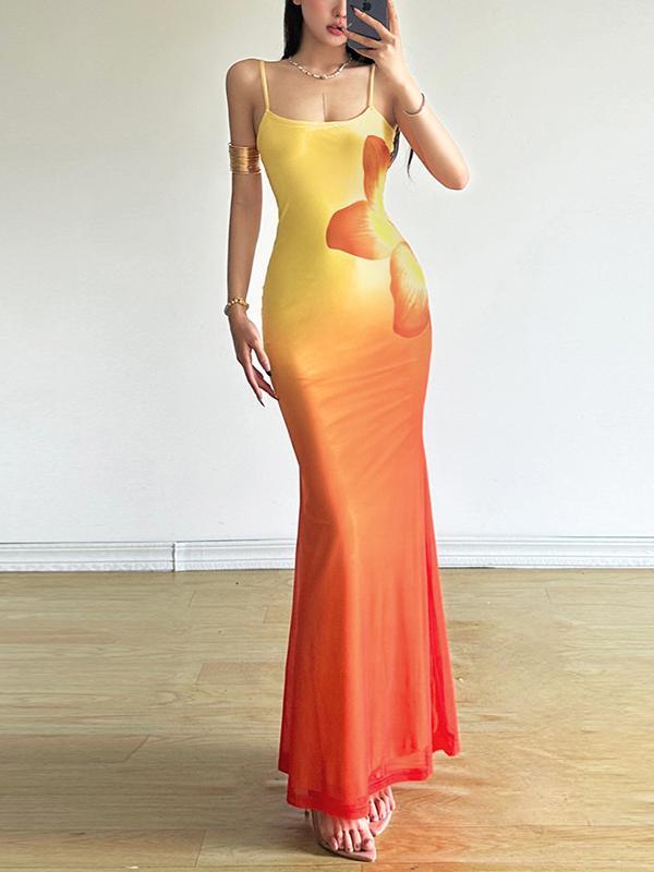 Floral Print Women's Bodycon Mermaid Party Dress with Thin Straps