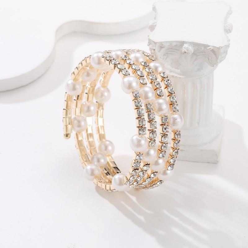 Multi-layer rhinestone pearl bracelet, winding open bracelet, claw diamond bride elastic bracelet.