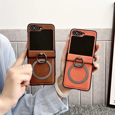 Magnetyczny Skórzany Uchwyt Pierścieniowy Etui na Telefon dla Samsung Galaxy Z Flip 7 6 5 4 3 FE Bezprzewodowe Ładowanie Pokrowiec Ochronny na Zawias