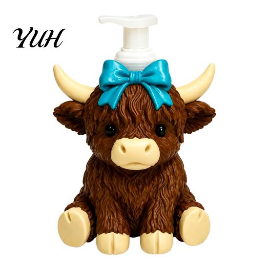 Countertop Soap Dispenser Highland Cow Dispenser, Pink Bow Cattle Refillable Hand Decorative Bottle, Plastic Empty Pump Bottle for Bathroom,