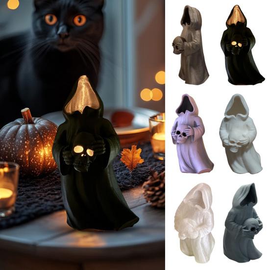 Ghost Skull with LED Tea Lights Halloween 3D Printed Skeleton Ghost Lamp Battery Operated Flickering Flameless Night Light for Home Table Decor