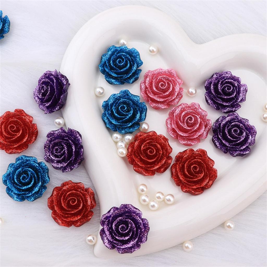 10pcs Resin Glitter Sparkling Rose Flower Flatbacks Cabochons For Card Decorations DIY Jewelry Craft Embellishments