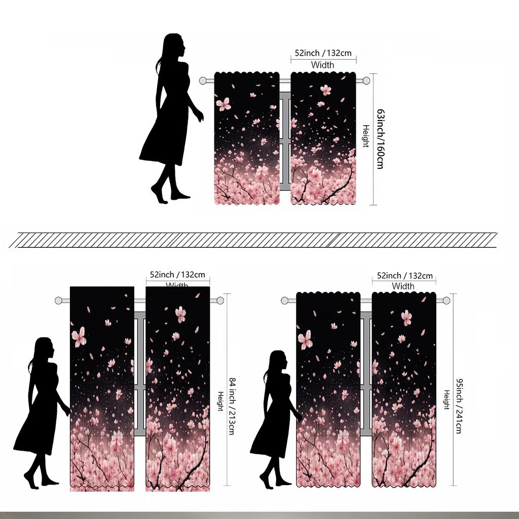 Set Of 2 Black Pink Cherry Blossom Print Polyester Curtains Top Living Room Bedroom Home Decor Curtain Light Filtering With Rod Pocket Ideal For Area