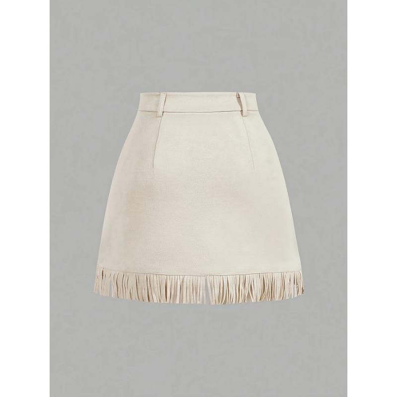 High-Waisted A-Line Tassel Hem Faux Suede Mini Skirt
