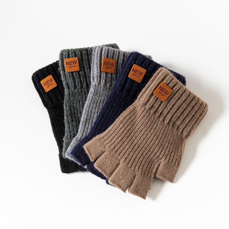 New Camel Wool Gloves Cycling Autumn and Winter Warm Fleece Thickened Half Finger Work Thickened Cold-proof Men's Gloves