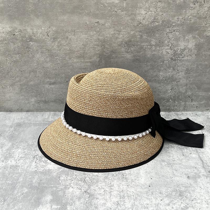 Elegant Delicate Bow Straw Hat Women'S Summer Hepburn Wind Basin Hat Seaside Beach Hat Pearl Chain Bucket Hat