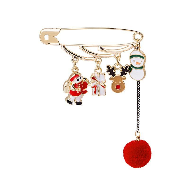 Women Christmas Creative Enamel Tree Elk Hairball Brooches Girls Sock Santa Claus Pins Brooch