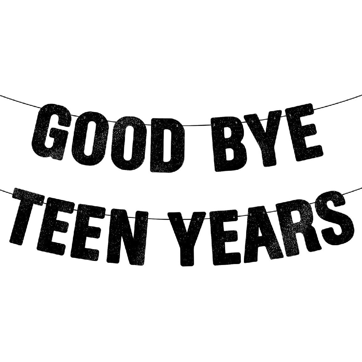 Pre-Strung Goodbye Teen Years Banner - Black Glitter, Happy 20th Birthday Party Decorations for Men/Women, Funny 20 Year Old Anniversary Decor Bday