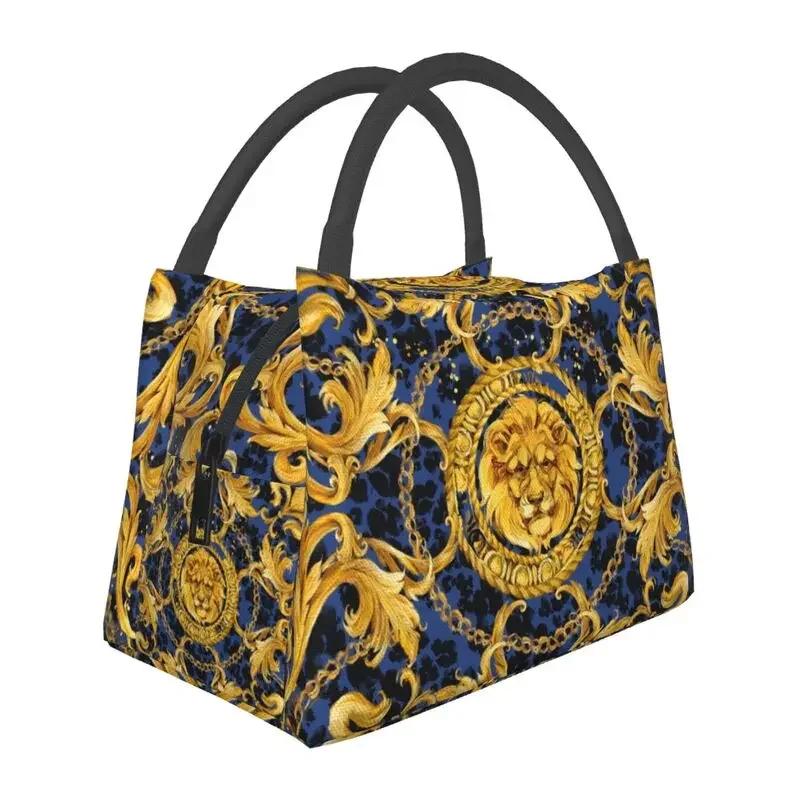Luxury Golden Europe Floral Insulated Lunch Bag for Work Office Leakproof Thermal Cooler Lunch Box Women