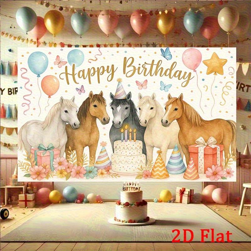 2D Plane Design, Banner for the Horse's Birthday Party, with Warm Blessings - Cute Balloon, Gift and Flower Background Cloth